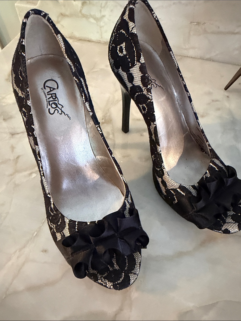 Carlos Santana Black Lace Peep-Toe Heels with Bow